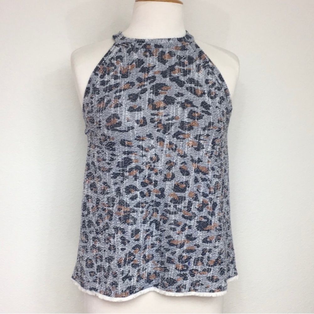 W5 Women Grey Blue Tweed Animal Print Halter Stretch Tank Top Size Small Boho